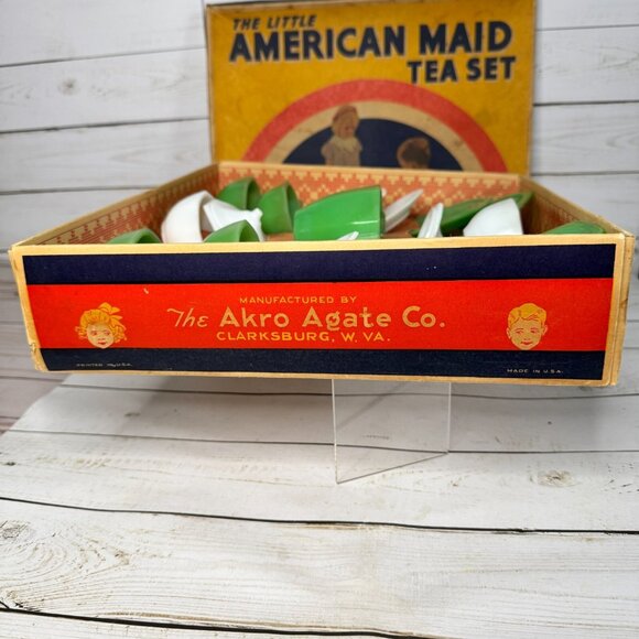 VTG Akro Agate Little American Maid Tea Set Children's Toys Dishes Green & White - Picture 7 of 16